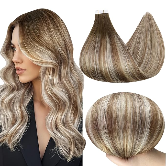 Full Shine Tape in Hair Extensions Human Hair 16Inch Remy Tape in Extensions 20Pcs 50G Seamless Tape Hair Extensions Real Human Hair Dark Roots Color 3/8/22 Brown and Blonde Highlights for Wedding