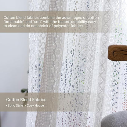 WAZZIO Boho Lace Curtains 63 Inches 2 Panel, Light Filtering Privacy Tassel & - Image 6