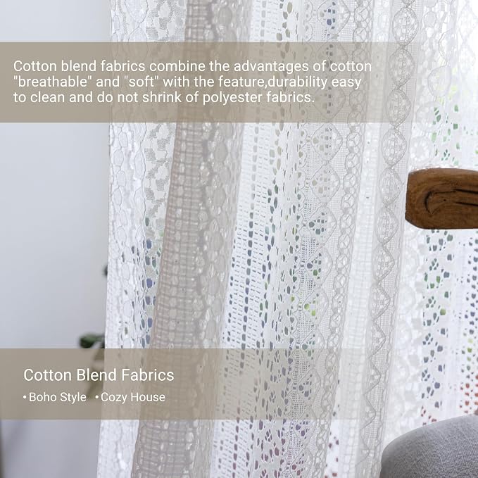 WAZZIO Boho Lace Curtains 84 Inches 2 Panel, Light Filtering Privacy Tassel & - Image 4
