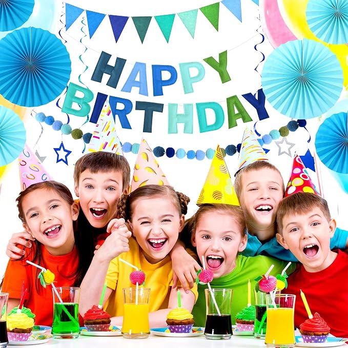 CANREVEL 17 PCS Pre-Strung 3D Blue Happy Birthday Banner, Happy Birthday Felt - Image 6