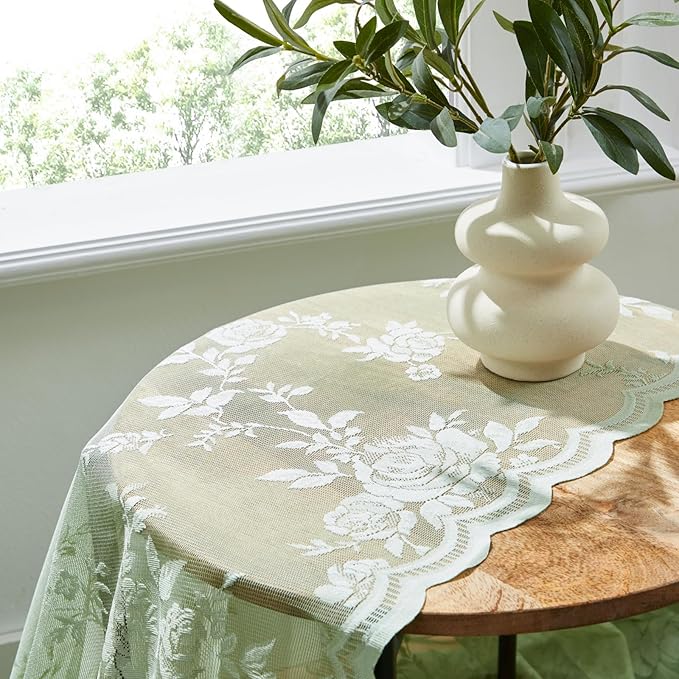 Sage Green Lace Cafe Curtains 24 Inch Length 2 Panels set Country Floral Sheer - Image 5
