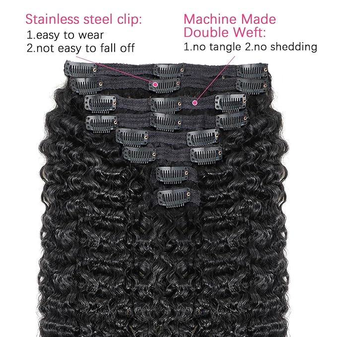 Burmese Curly Clip in Hair Extensions Real Human Hair #1B Natural Black Color Curly Clip ins For Women Brazilian Virgin Clip on Hair Wear and Go Burmese Curly Clip ins(14inch,#1B)