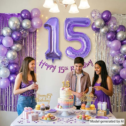 Purple Number 15 Balloon 40 Inch, Large Metallic Lavender Mylar Foil 15 Balloons - Image 2