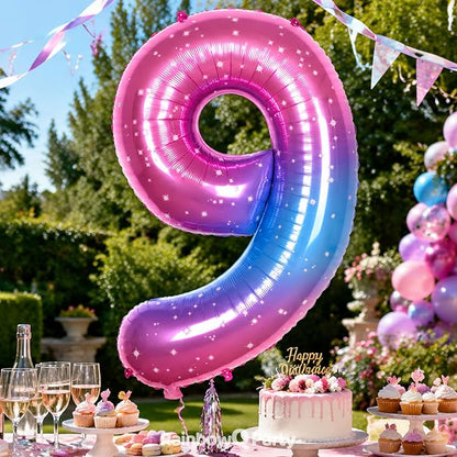 RainbowQ Blue Pink 9 Balloon Number 40 Inch Big 0-10 Foil Large Balloon | - Image 3