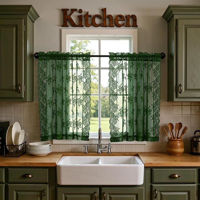 Kotile Dark Green Short Lace Curtains by Kotile+Curtains