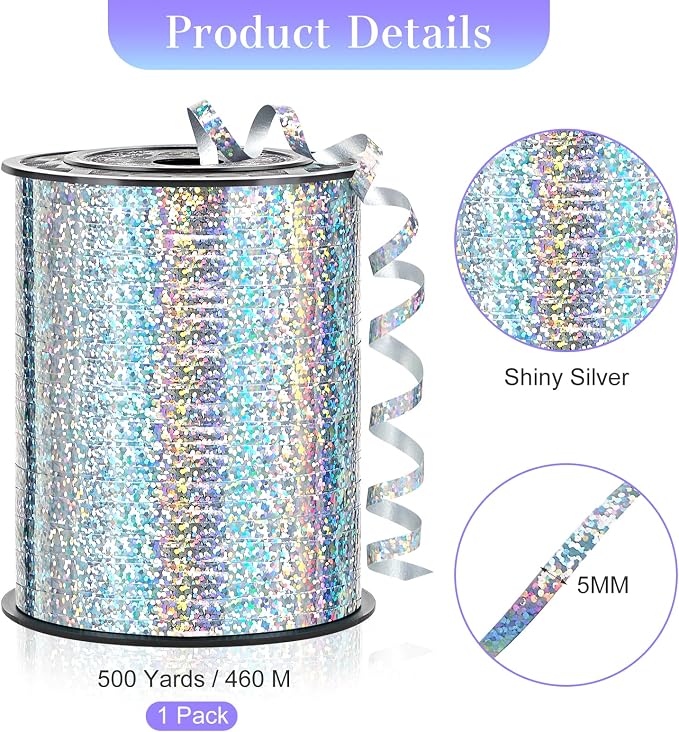 Silver Curling Ribbon, 500 Yards, 1/5 Inch | Shiny, - Image 2