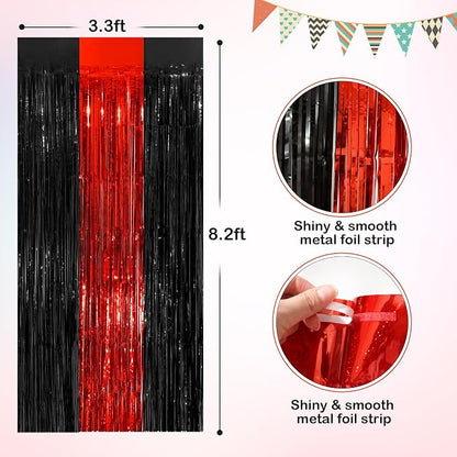 Black Red Tinsel Foil Fringe Curtains, 2 Pack 3.3x8.3 Feet Party Streamer - Image 2