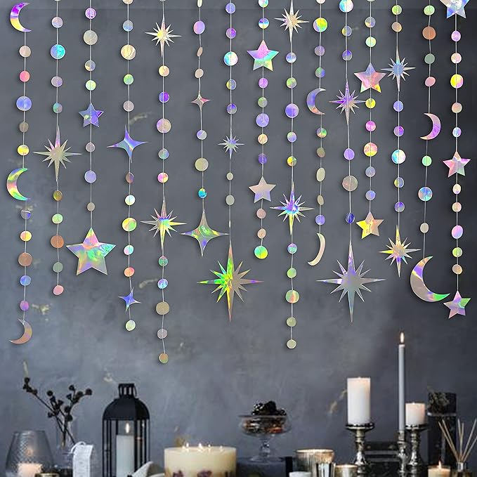 Iridescent Party Decorations Holographic Star Moon Circle Dot Garland Hanging by pinkblume