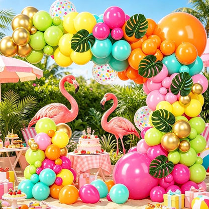 142pcs Summer Hawaiian Tropical Neon Balloon Arch Kit, Palm Leaves | Flamingo - Image 5