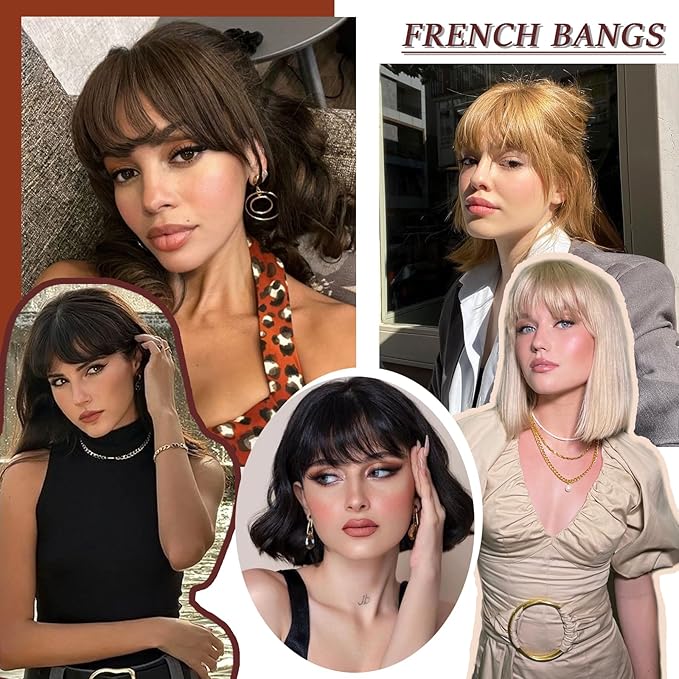Clip in Bangs Real Human Hair Brown Black French Bangs Fringe with Temples Thick Curtain Bangs Clip on Bangs Curved Fake Bangs Hairpieces for Women for Daily Wear