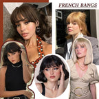 Clip in Bangs Real Human Hair Brown Black French Bangs Fringe with Temples Thick Curtain Bangs Clip on Bangs Curved Fake Bangs Hairpieces for Women for Daily Wear