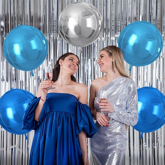 Blue Silver Round Foil Balloons 9 pcs, Metallic Giant 4D Round Balloons 22 Inch - Image 5