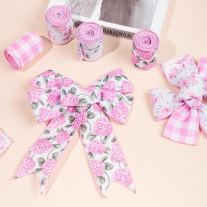 4 Rolls Pink Floral Wired Ribbon Set - Image 4