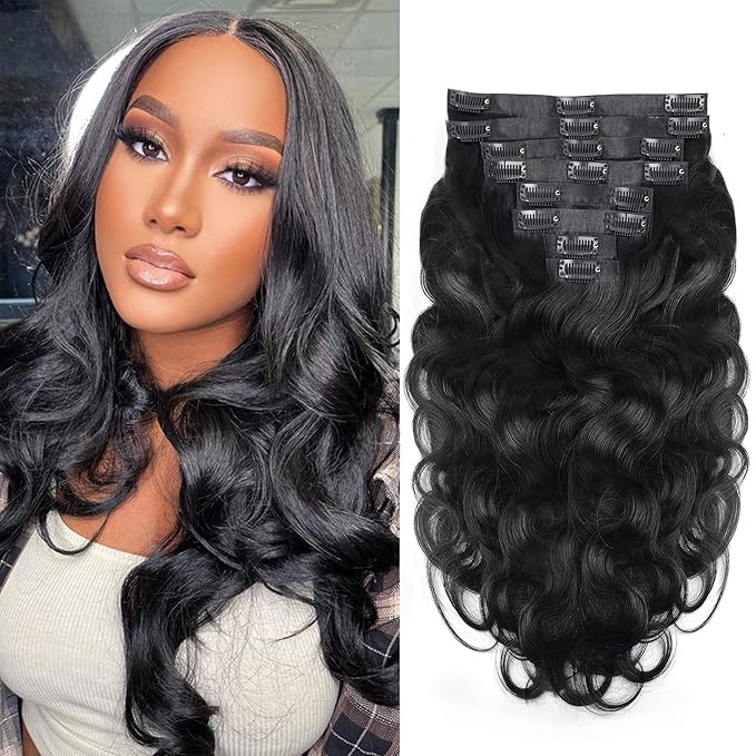 Body Wave Seamless Clip In Hair Extensions Real Human Hair Clip Ins 100% Unprocessed Human Hair Extensions 8pcs with 18Clips Per Set 120g(24inch,Natural Black)