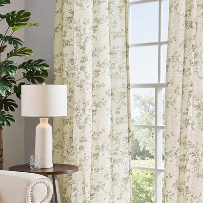 jinchan Green Floral Linen Curtains 63 Inch Farmhouse Back Tab 2 Panels | Green - Image 6