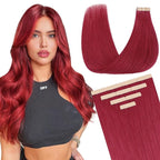 DOORES Human Hair Extensions Tape in Hair, Burgundy Red Tape in Hair Extensions, Human Hair Straight, 30g 10pcs 22 Inch, Burgundy Red