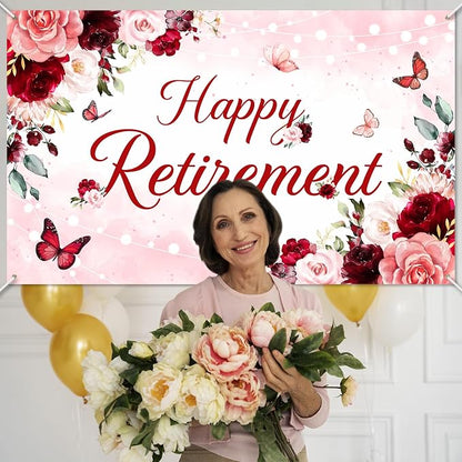 Happy Retirement Banner for Women Burgundy Floral Retirement Party Decorations - Image 3
