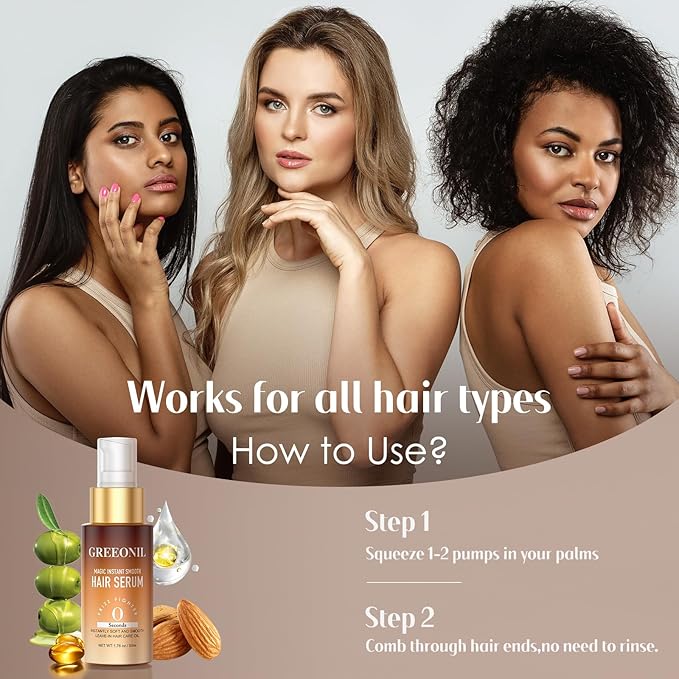 Hair Serum for Frizzy Hair with Hair Scalp Massager Shampoo Brush - Anti Frizz Serum Shine and Gloss Treatment with Marula Oil, Squalane, Vitamin E, Olive, For All Hair Types
