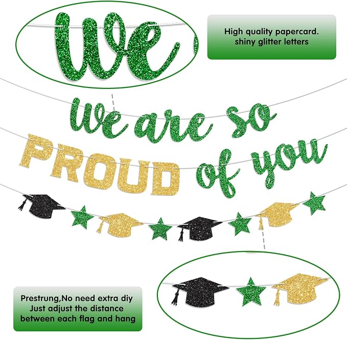 We Are So Proud of You Banner Prestrung Green and Gold Graduation Banner - Image 3