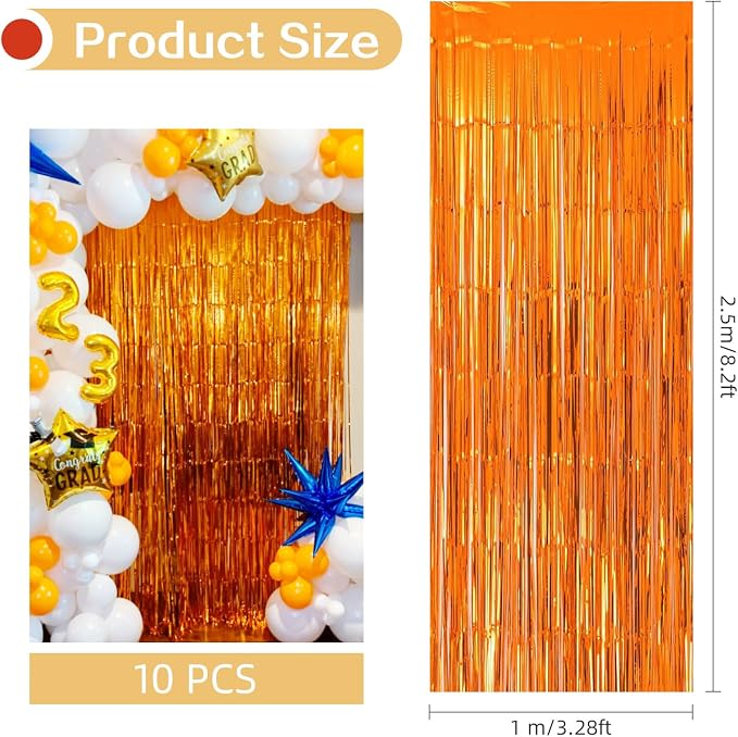 10 Pack Orange Backdrop Curtain 3.2ft x 8.2ft Metallic Tinsel Foil Fringe - Image 3