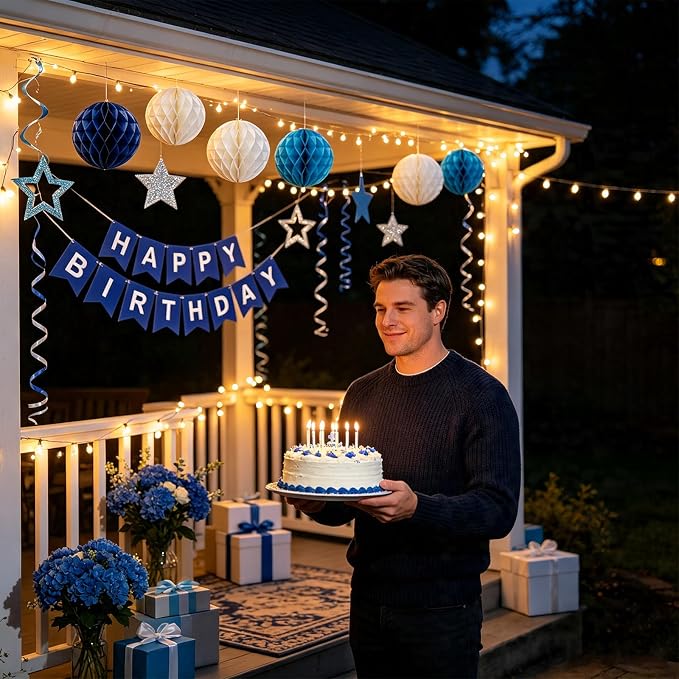 Blue Birthday Decorations for Men | Pre-Strung Happy Birthday Banner - Image 5