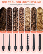 7 in 1 Curling Wand Set: Ohuhu Curling Iron Wand 7Pcs 0.35 to 1.25 Inch Interchangeable Ceramic Barrel Heat Protective Glove 2 Clips Dual Voltage Hair Curler Girl Women Mother Christmas Gift Black