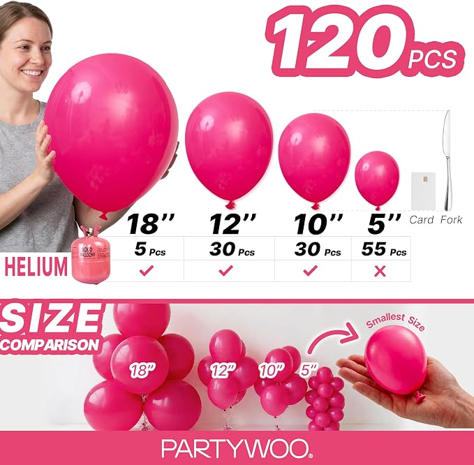 PartyWoo Hot Pink Balloons 120 pcs Different Sizes of 18 12 10 5 Inch Magenta - Image 6