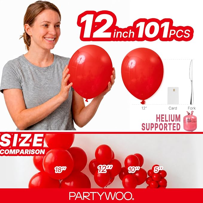 PartyWoo Red Balloons 101pcs Red Helium Latex Balloons 12 Inch | Birthday - Image 6