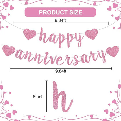 BEISHIDA Glitter Pre-Strung Pink Happy Anniversary Banner Decoration | NO DIY - Image 3