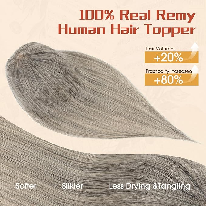 Rich Choices Human Hair Toppers for Women-100% Real Remy Hair Topper with 3D 360°Bang-Upgraded 150% Density 9 * 12CM Lace Base-Clip in Hairs topper for Thinning Hairs-14Inch #G3 Salt and Pepper Grey