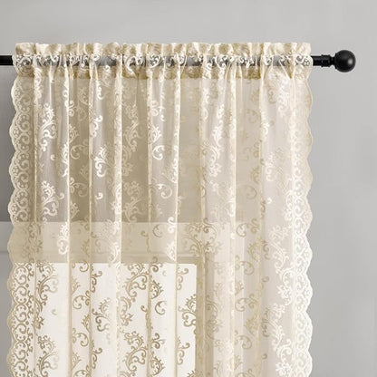 Beige Lace Curtains 80 Inches Long 2 Panels Vintage Paisley Lace Curtains - Image 3