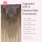 GOO GOO Clip in Hair Extensions Real Human Hair, Remy Human Hair Extensions Clip ins for Women, Natural Human Hair, 22inch 150g 9 Pcs, #9/18J/60 Chocolate Brown to Champagne Blonde Balayage