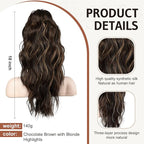 FLUFYMOOZ Ponytail Extension, 18 Inch Claw Clip Ponytail Extension, Wavy Curly Claw Clip in Ponytail Hair Extensions, Natural Fake Ponytail Synthetic Hairpiece for Women (Chocolate Brown with Blonde Highlights)