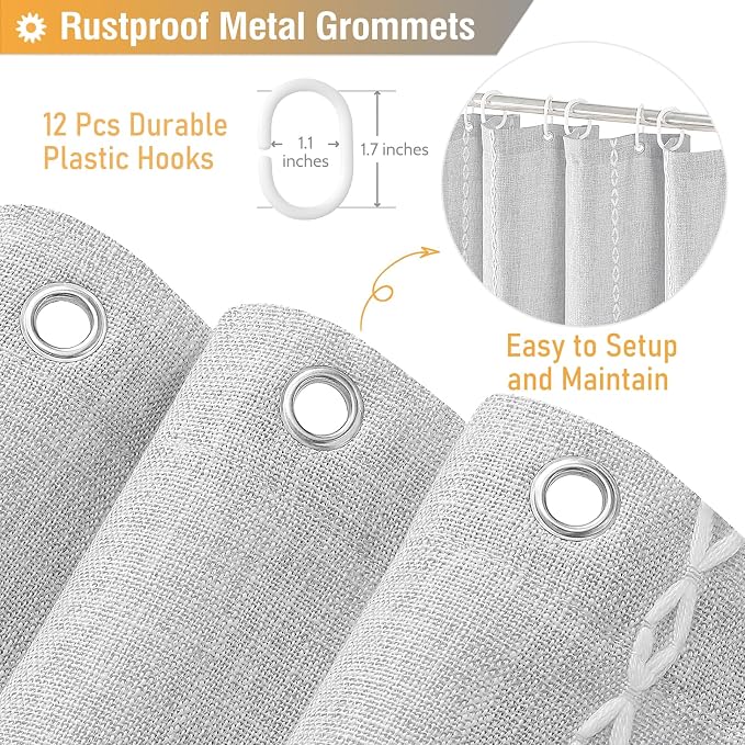 Grey Boho Farmhouse Linen Heavy Duty Shower Curtain Set, 72x72 | 330GSM Linen - Image 5