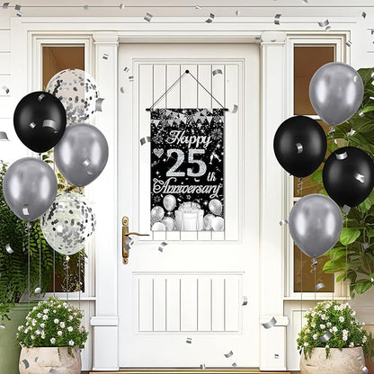 Happy Anniversary Decorations Small Banner Black Silver Happy 25th Anniversary - Image 6