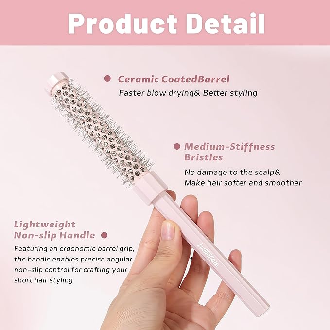 3pcs Small Round Hair Brush for Short Hair - Barrel Hair Brush for Blow Drying, Aluminum Round Brush for Bobs, Bangs, Lobs, Roots, Curling, Pixie Cuts, Straight Hair - Pink