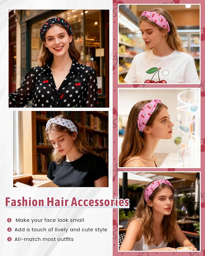 ACECHA 3 Pack Cherry Headbands for Women Girls Fashion, Bunny Ears & Knot Bow Head bands, Stretchy Soft Wide Hair Bands, Cute Hair Accessories Outfits Vacation Gifts Knot Bow A