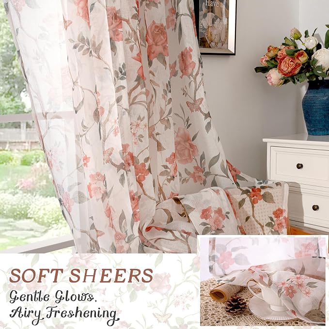 Floral Sheer Curtains for Bedroom Window 72 Inch Length 2 Panels, Farmhouse - Image 6