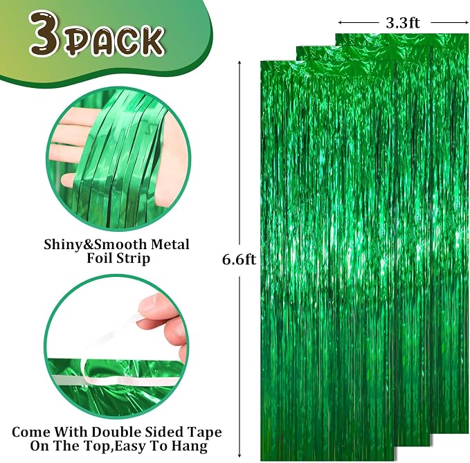 Voircoloria Green Foil Fringe Backdrop Curtains, 3.3 x 6.6 ft, Birthday Party - Image 3