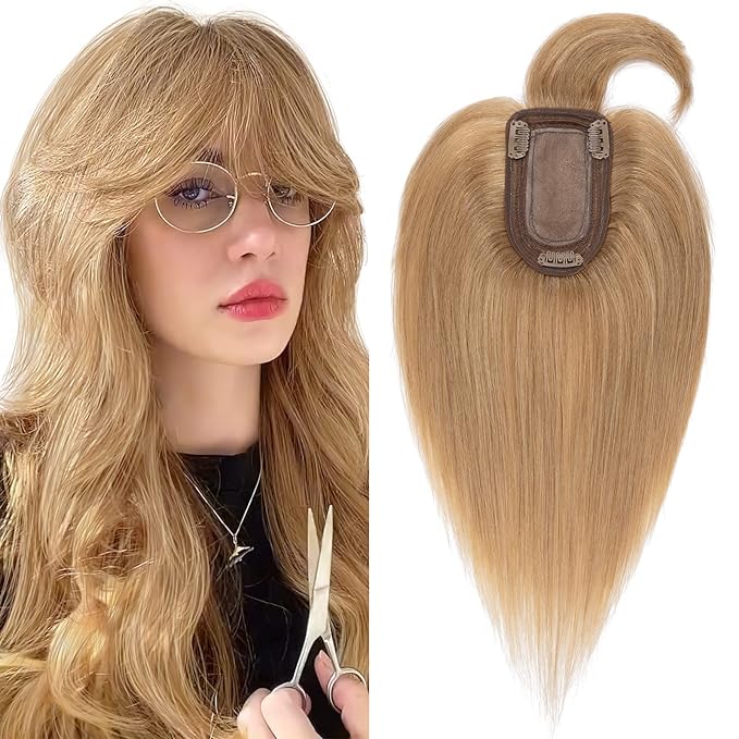 SEGO Hair Toppers for Women Real Human Hair with Thinning Hair, Toppers Hair Pieces Clip in Toppers Straight Hair Pieces with Front Bangs 150% Density Silk Base -6 Inch #27 Dark Blonde