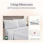 California Design Den Premium King Pillow Covers Set of 2-600 Thread Count Sateen, Natural 100% Cotton Pillow Cases King, Crisp, Durable Bedding - Light Silver