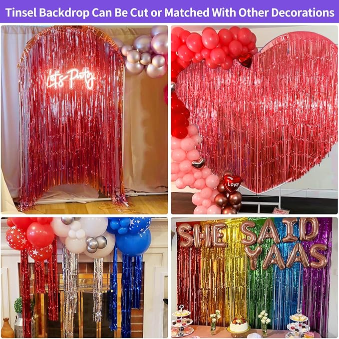 JINSUI Red Fringe Backdrop 3.3x8.2ft, 2 Pack Tinsel Curtains Party Decor | - Image 5
