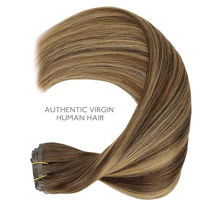 WENNALIFE Seamless Clip In Hair Extensions, 20 Inch 150g 7pcs Balayage Chocolate Brown to Caramel Blonde Hair Extensions Clip In Human Hair Invisible PU Skin Weft Natural Remy Human Hair Extensions