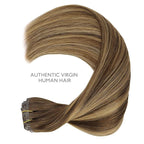WENNALIFE Seamless Clip in Hair Extensions Human Hair, 12 Inch 80g 7pcs Balayage Chocolate Brown to Caramel Blonde Real Hair Extensions Clip Ins Invisible PU Skin Weft Natural Remy Hair