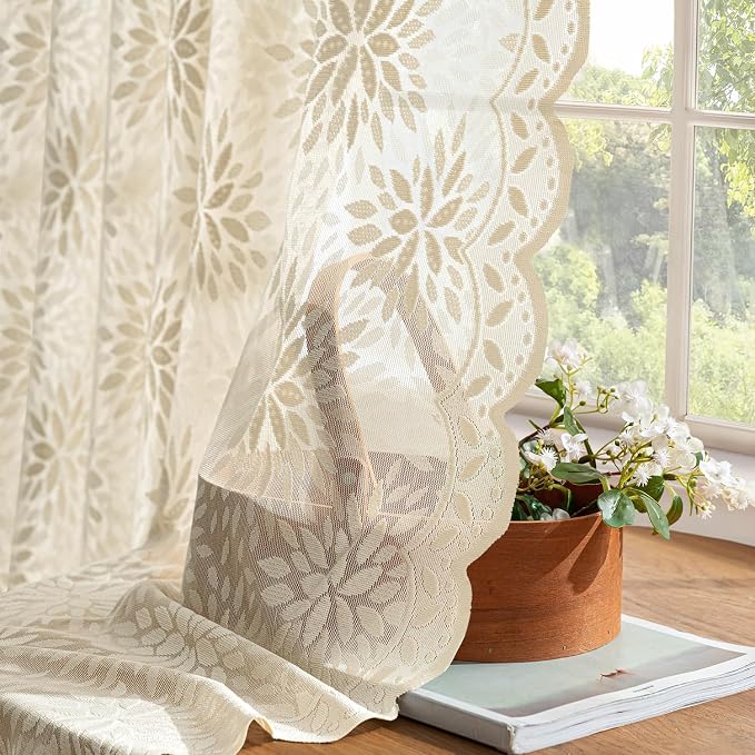 MIULEE Vintage Floral Scalloped Lace Curtains 2 Panels, Cream 52" W x 63" L | - Image 4