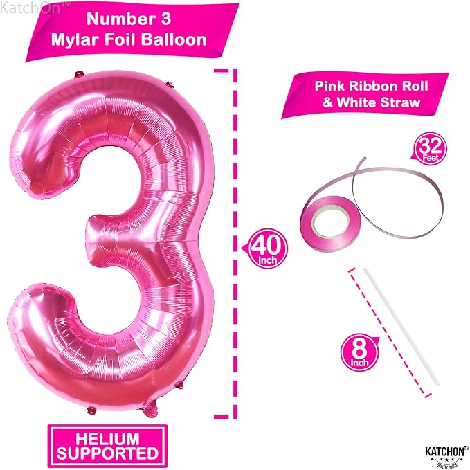 KatchOn, Hot Pink Number 3 Balloon 40 Inch | Number 3 Foil Balloon, 3rd Pink - Image 2