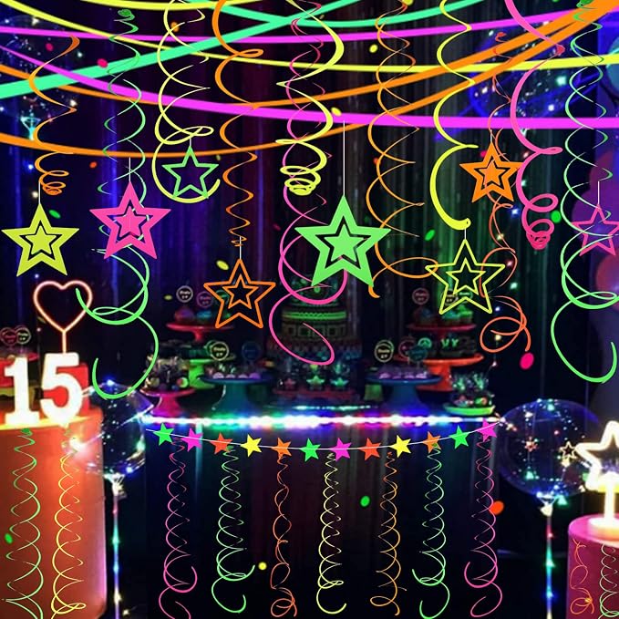 54 Pieces UV Hanging Swirl Paper Neon Star Garlands Streamers Black Light Glow - Image 2