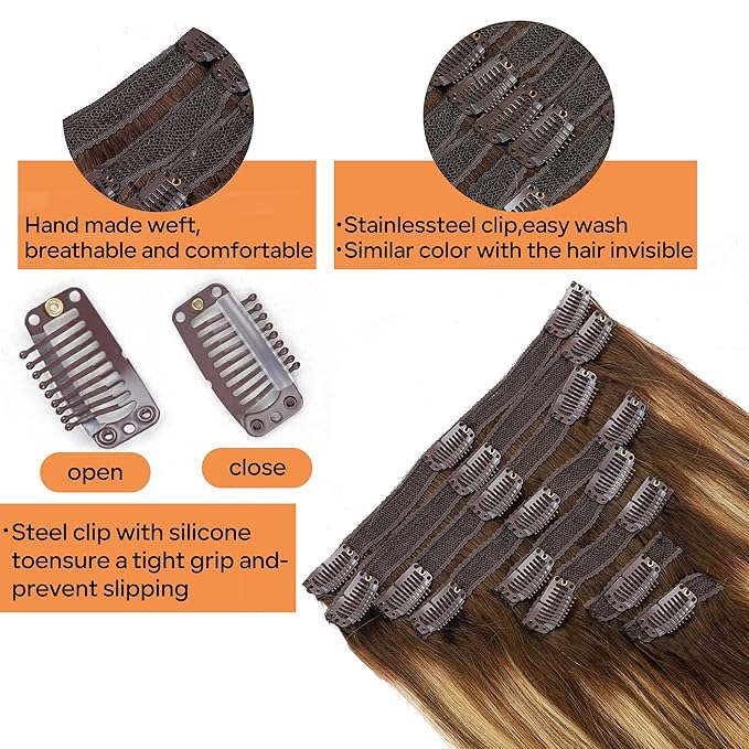 Straight Clip In Hair Extensions Real Human Hair 8Pcs Clip In Balayage Chocolate Brown to Caramel Blonde Human Hair Extensions with 18Clips Lace Weft 120g 22inch