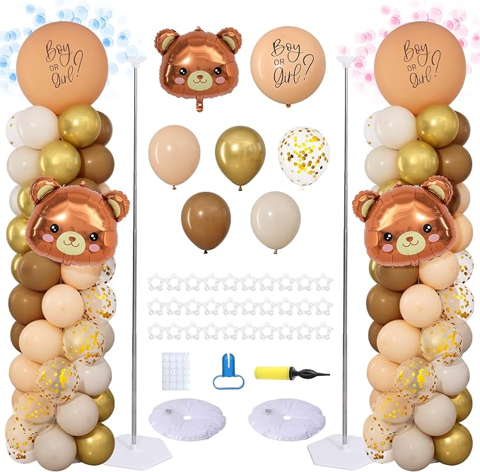 Bear Gender Reveal Balloon Column Stand Set of 2 | 104Pcs Brown Gold White by ZyloonDecoration