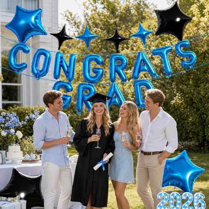 Congrats Grad Balloons, 16 Inch Blue Black Congrats Grad Letters Banner Balloons - Image 3